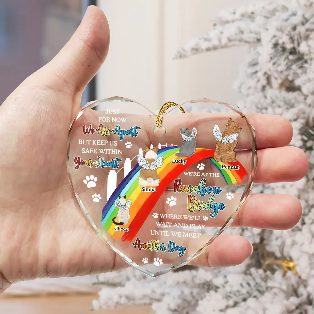Dog Cat Memorial We'll Wait And Play At The Rainbow Bridge - Personalized Heart Shaped Glass Ornament - Image 3