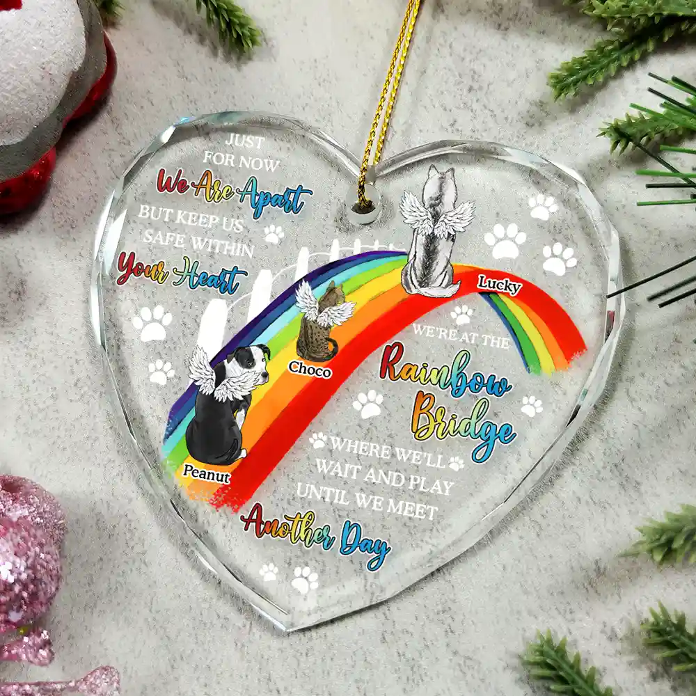 Dog Cat Memorial We'll Wait And Play At The Rainbow Bridge - Personalized Heart Shaped Glass Ornament - Image 4