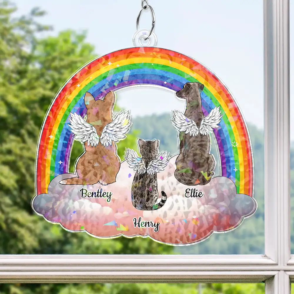 Dog Cat Sitting On The Cloud - Personalized Window Corner Suncatcher - Image 3
