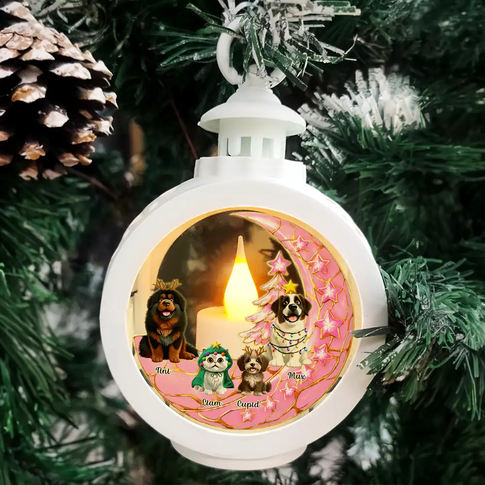 Dog Cat Sitting With Stars 3D Effect - Personalized Candlelight Lantern Ornament - Image 6