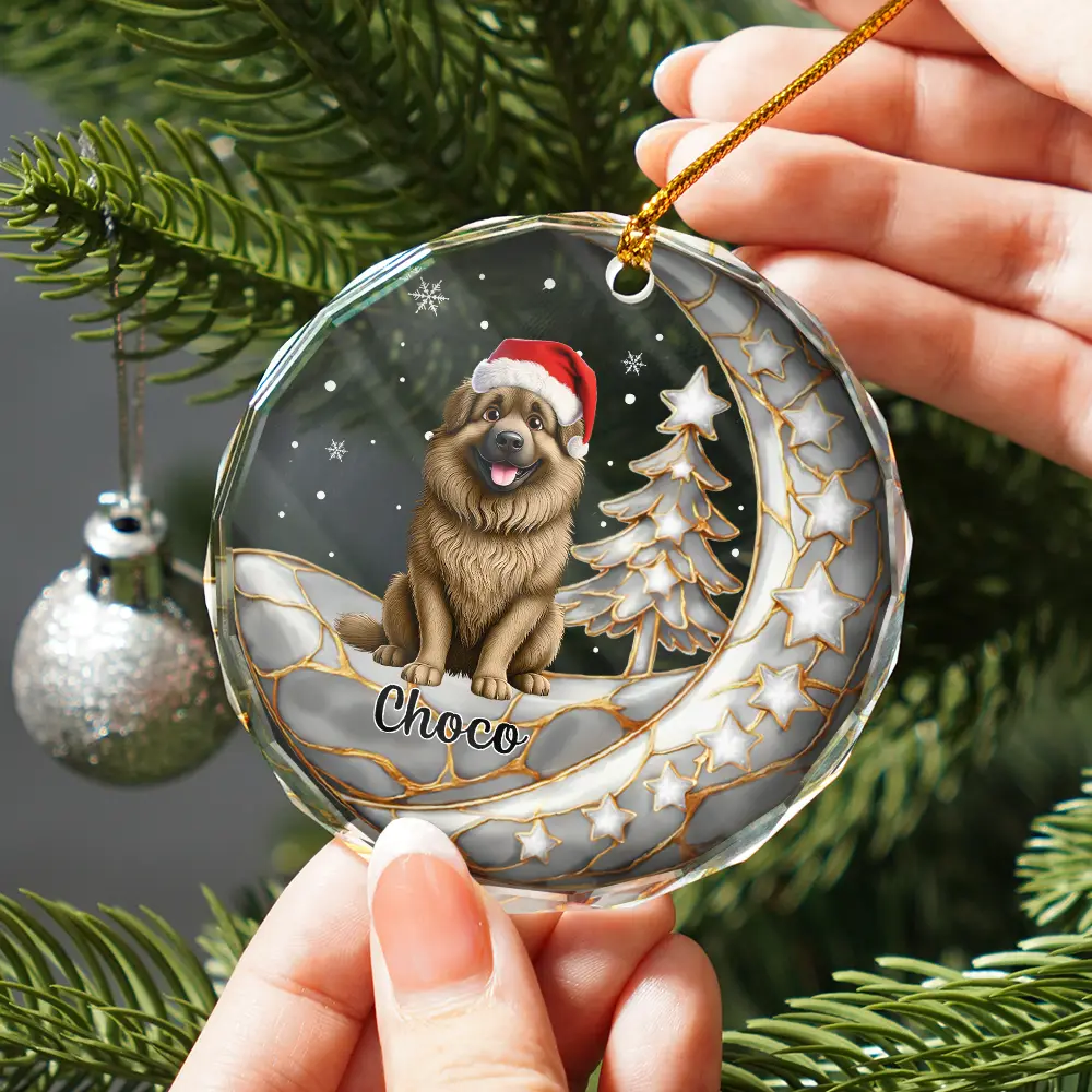 Dog Cat Sitting With Stars 3D Effect - Personalized Circle Glass Ornament - Image 2