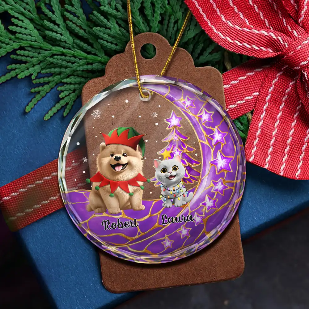 Dog Cat Sitting With Stars 3D Effect - Personalized Circle Glass Ornament - Image 5