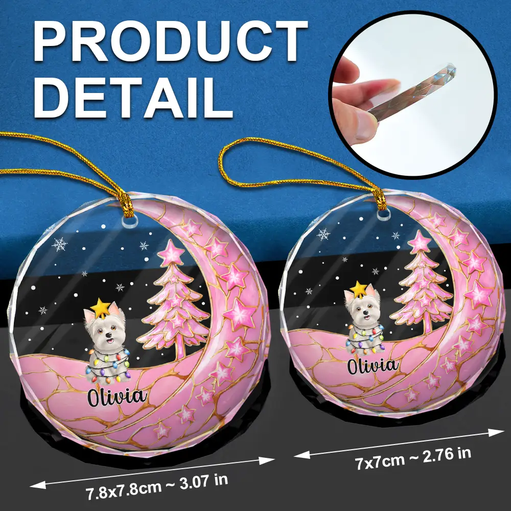 Dog Cat Sitting With Stars 3D Effect - Personalized Circle Glass Ornament - Image 6