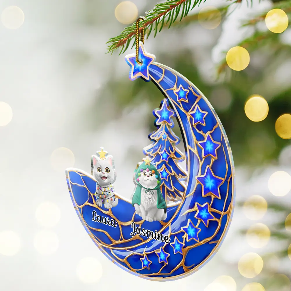 Dog Cat Sitting With Stars 3D Effect - Personalized Custom Shaped Acrylic Ornament - Image 2