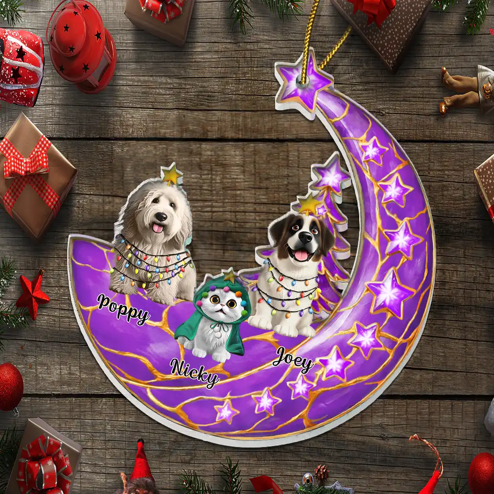 Dog Cat Sitting With Stars 3D Effect - Personalized Custom Shaped Acrylic Ornament - Image 5