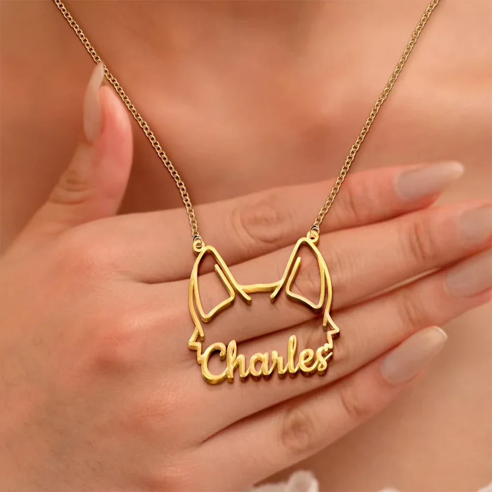 Dog Ears Line Art With Custom Name - Personalized Letter Necklace - Image 3