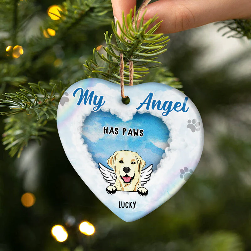 Dog Lovers Memorial My Angels Has Paws - Memorial Gift - Personalized Custom Heart Ceramic Ornament - Image 3