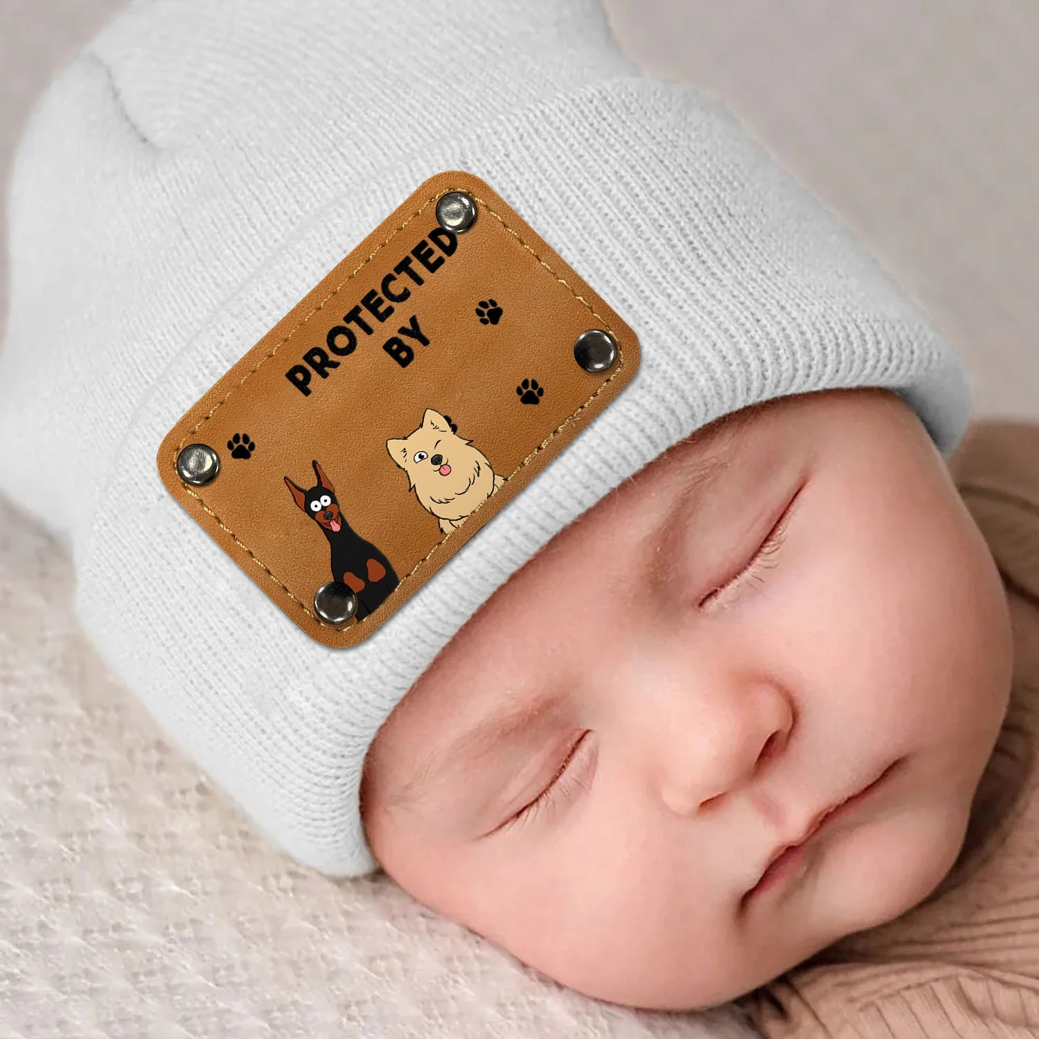 Dog Lovers Protected By - Gift For Baby - Personalized Beanie With Leather Patch - Image 4