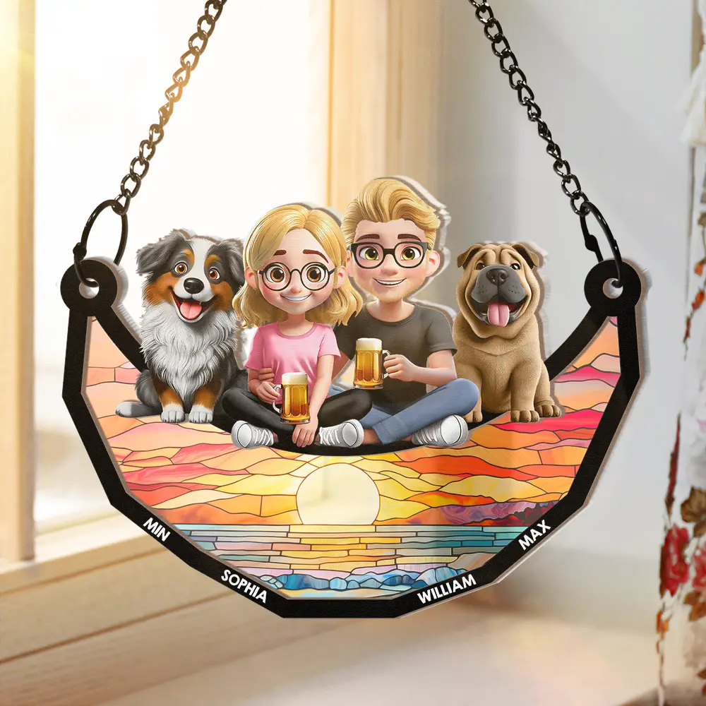 Dog Lovers Sitting On The Moon - Personalized Window Hanging Suncatcher Ornament - Image 2