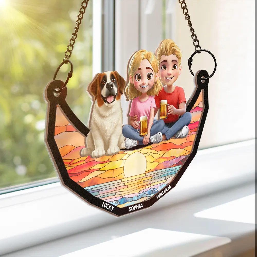 Dog Lovers Sitting On The Moon - Personalized Window Hanging Suncatcher Ornament - Image 4