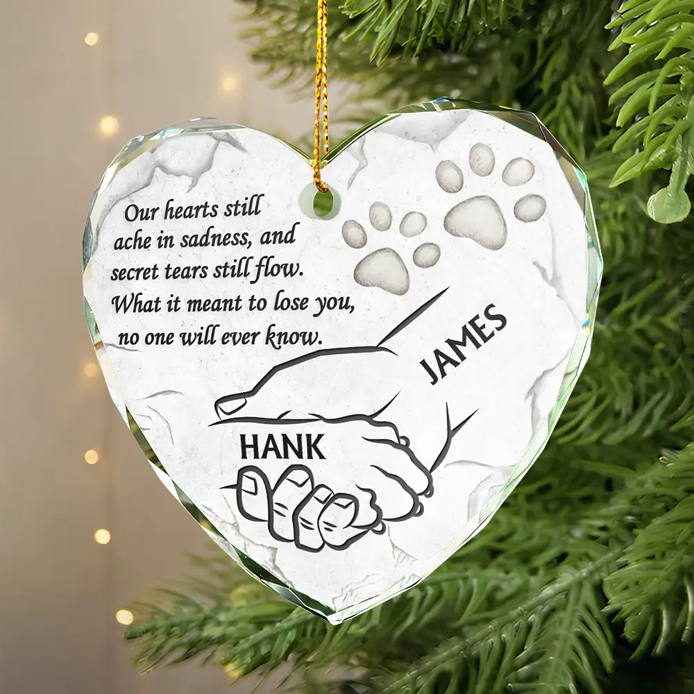 Dog Memorial Our Hearts Still Ache In Sadness - Personalized Heart Shaped Glass Ornament - Image 2