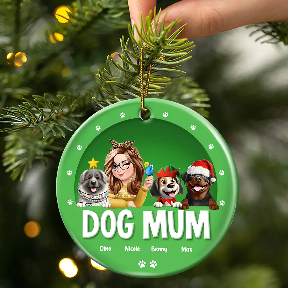 Dog Mom Christmas 3D Effect - Personalized Circle Ceramic Ornament - Image 3