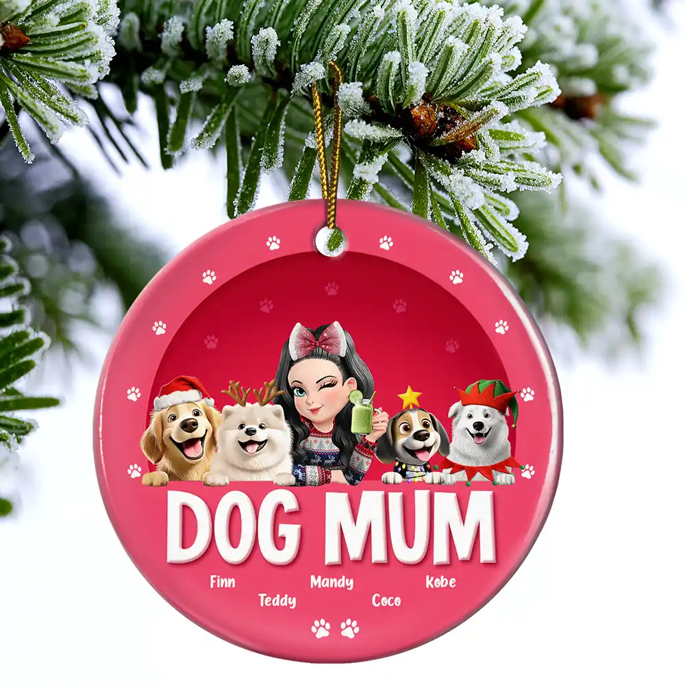 Dog Mom Christmas 3D Effect - Personalized Circle Ceramic Ornament - Image 4