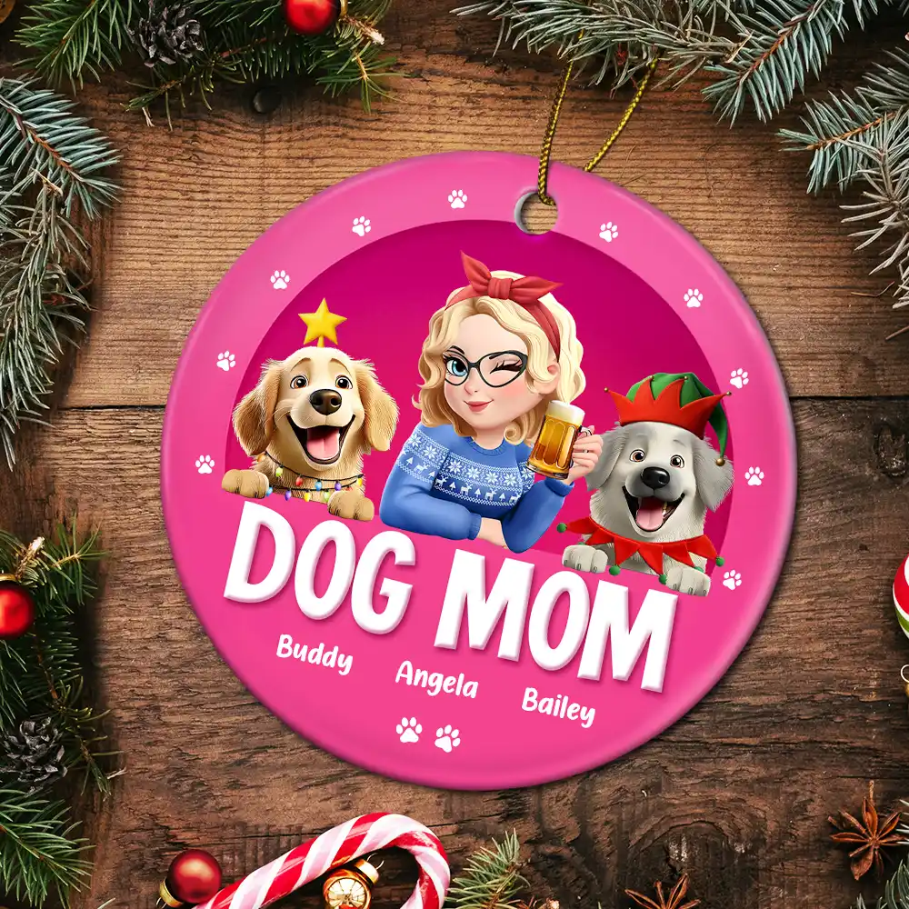 Dog Mom Christmas 3D Effect - Personalized Circle Ceramic Ornament - Image 5