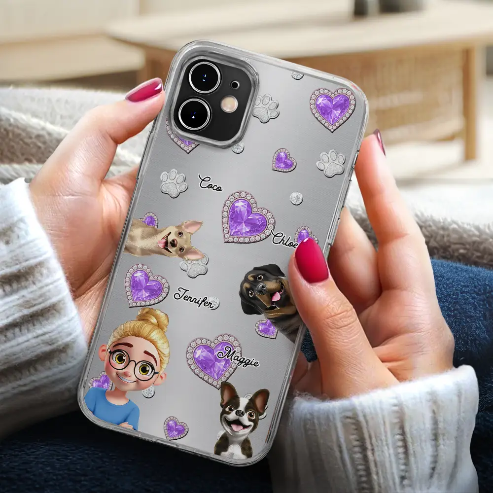 Dog Mom Dog Dad Metal And Crystal Printed Effect - Personalized Clear Phone Case - Image 3