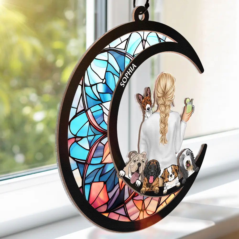 Dog Mom Dog Dad Moon - Personalized Window Hanging Suncatcher Ornament - Image 3