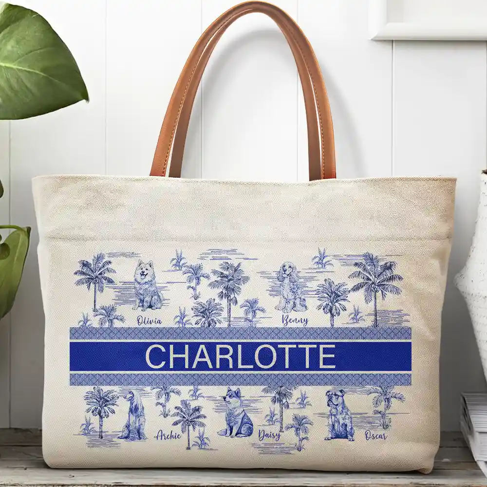Dog Mom Dog Lovers Toile De Joey Pattern - Personalized Leather Handle Tote Bag