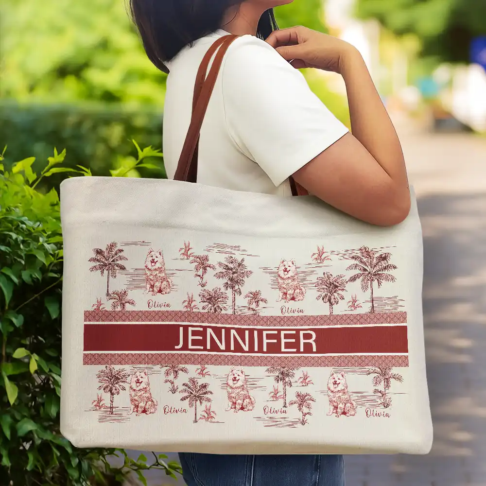 Dog Mom Dog Lovers Toile De Joey Pattern - Personalized Leather Handle Tote Bag - Image 2
