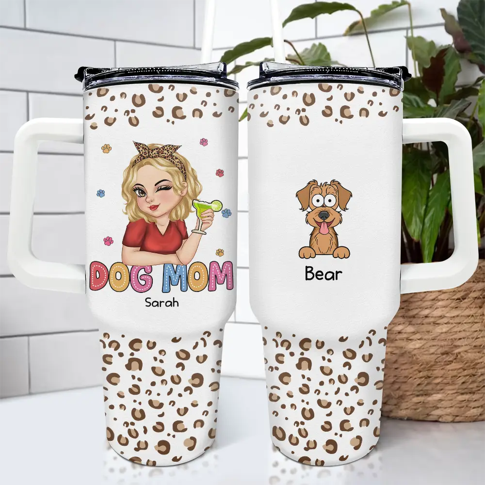 Dog Mom Leopard Pattern - Personalized 40oz Tumbler With Straw - Image 4