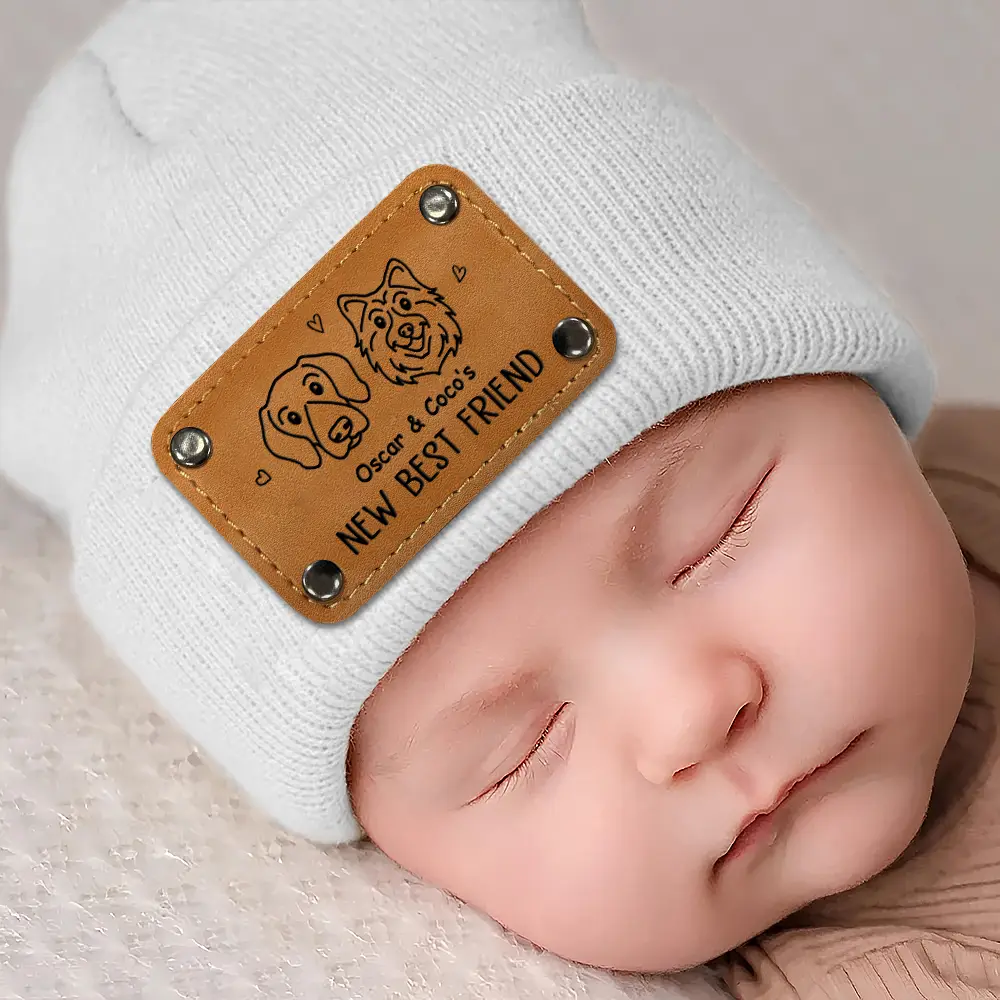 Dog New Best Friend New Baby - Personalized Beanie With Leather Patch - Image 5