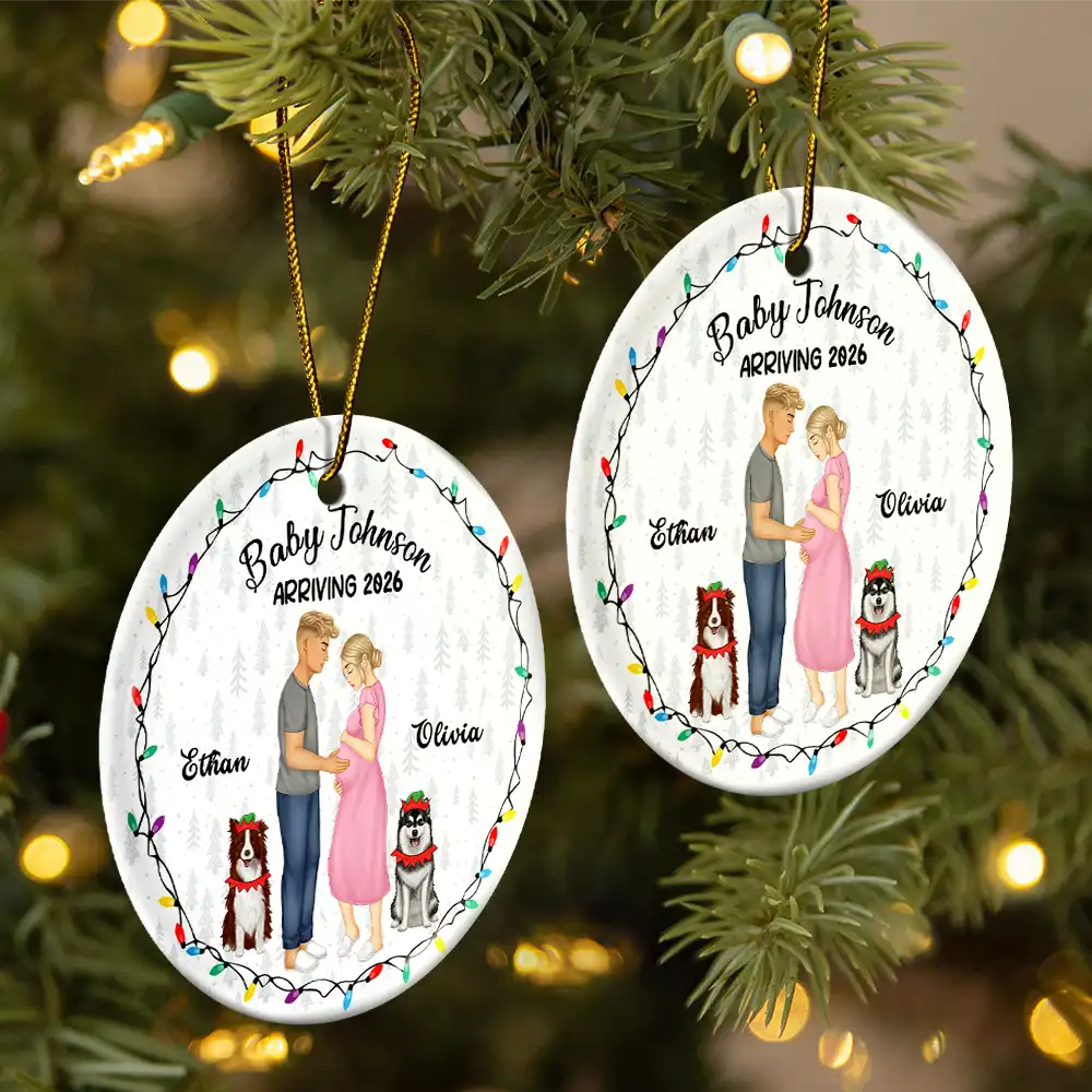 Dog Parents To Human Parents Baby Expecting - Personalized Circle Ceramic Ornament - Image 2