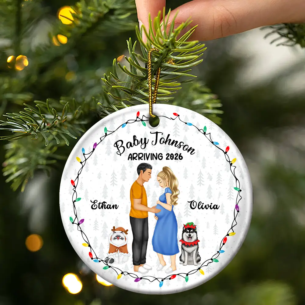 Dog Parents To Human Parents Baby Expecting - Personalized Circle Ceramic Ornament - Image 3