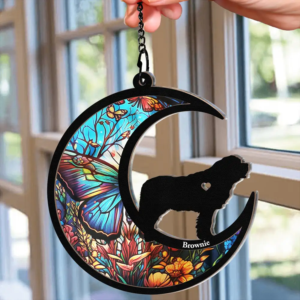 Dog With Stained Glass Moon - Personalized Window Hanging Suncatcher Ornament - Image 2