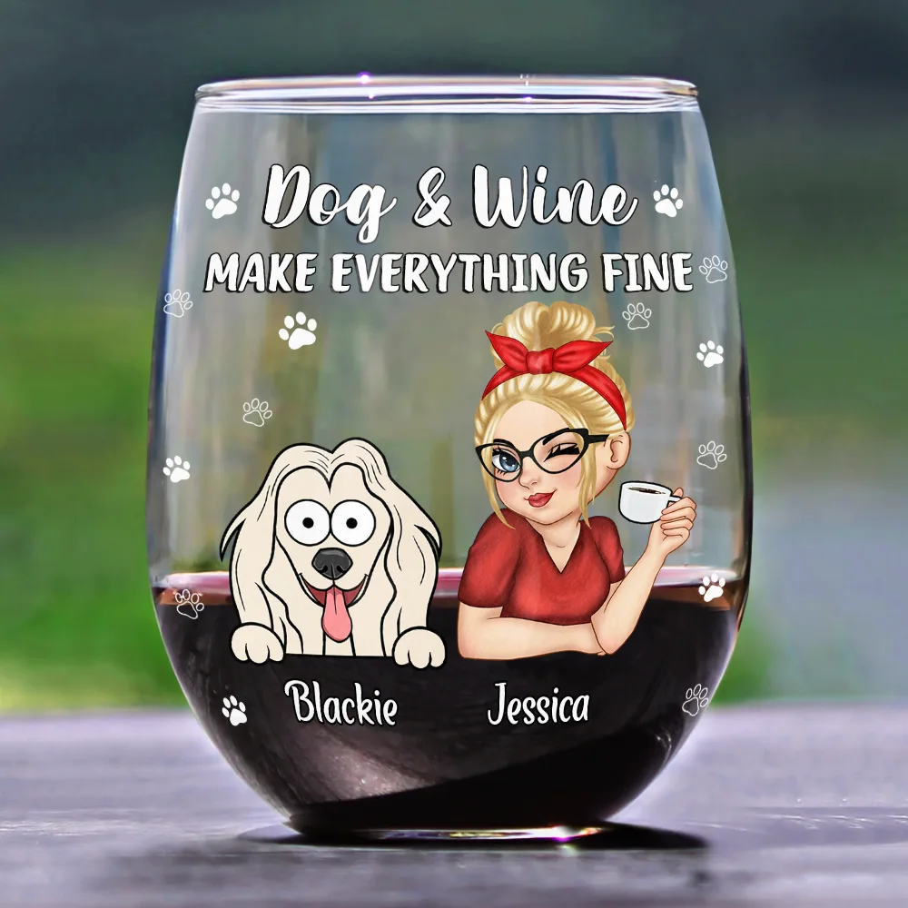 Dogs And Wine Make Everything Fine - Personalized Stemless Wine Glass - Image 2