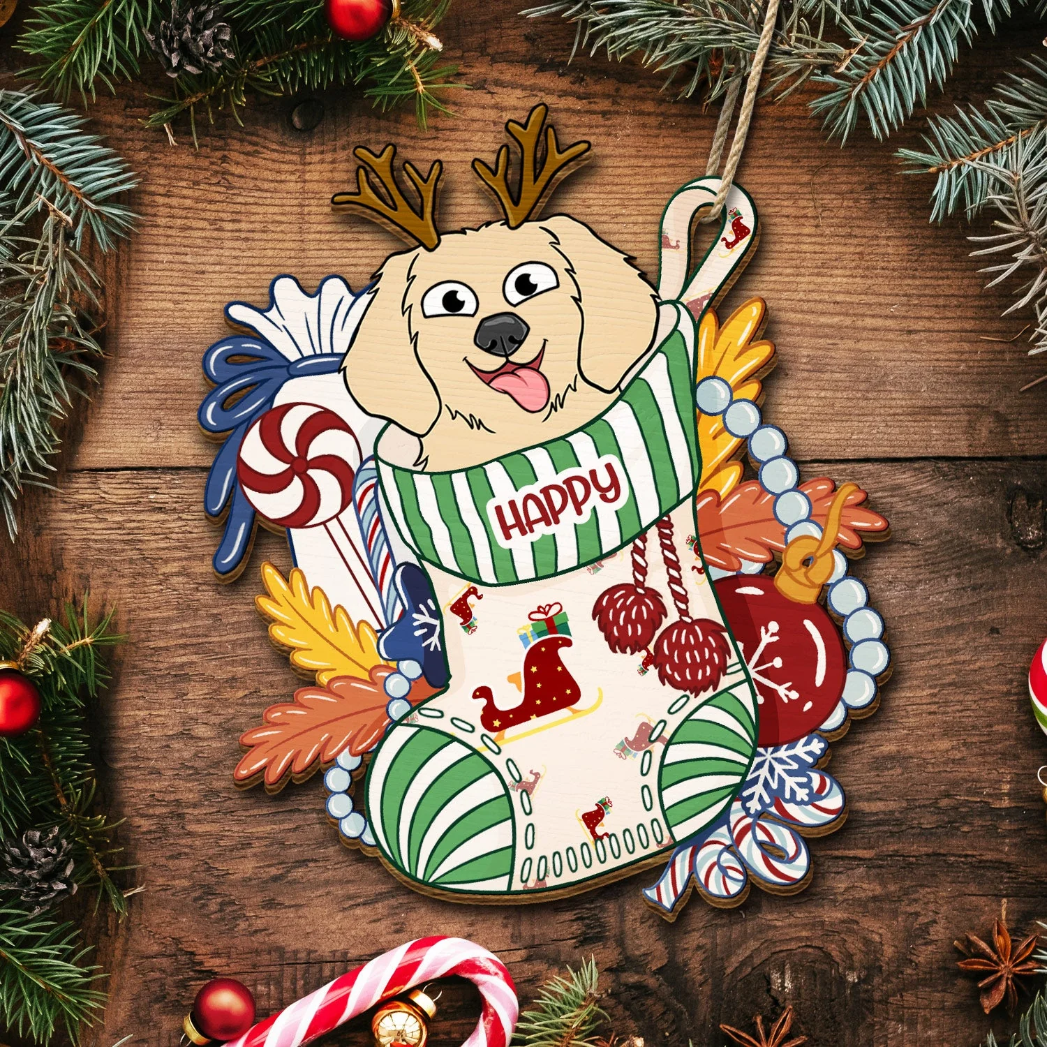 Dogs In Stocking Xmas Pattern - Christmas Gift For Dog Lovers - Personalized Wooden Cutout Ornament - Image 5