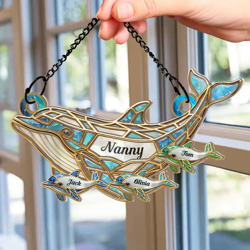 Dolphin Mom Grandma Stained Glass Effect - Personalized Window Hanging Suncatcher Ornament - Image 2