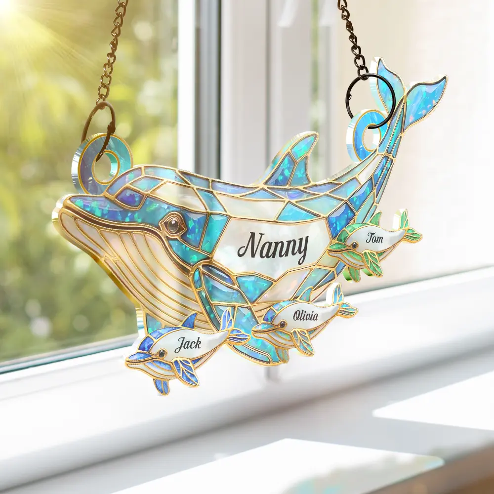 Dolphin Mom Grandma Stained Glass Effect - Personalized Window Hanging Suncatcher Ornament - Image 3
