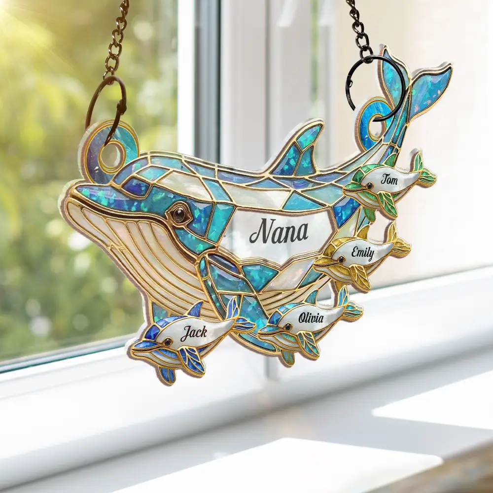 Dolphin Mom Grandma Stained Glass Effect - Personalized Window Hanging Suncatcher Ornament - Image 4