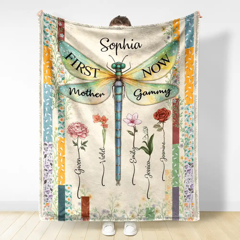 Dragonfly Birth Month Flower First Mom Now Grandma - Personalized Fleece Blanket, Sherpa Blanket - Image 3
