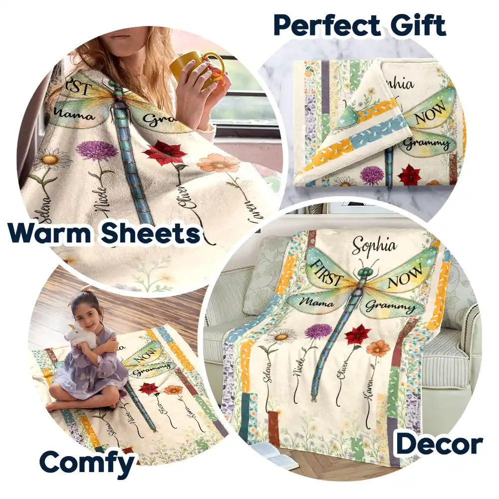 Dragonfly Birth Month Flower First Mom Now Grandma - Personalized Fleece Blanket, Sherpa Blanket - Image 7