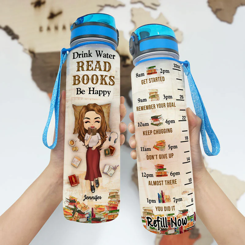 Drink Water Read Books Be Happy - Gift For Reading Lovers - Personalized Custom Water Tracker Bottle - Image 3