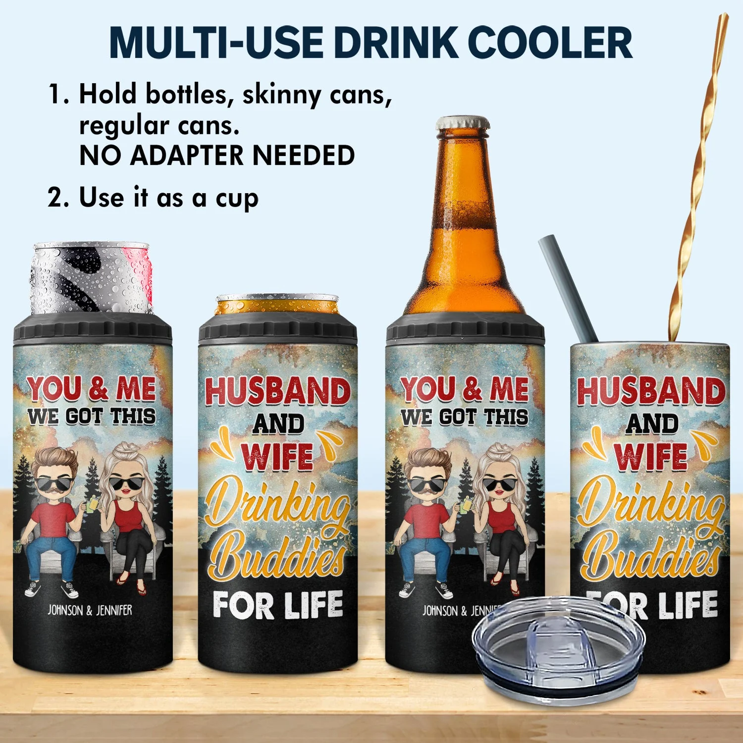Drinking Buddie For Life - Gift For Couples - Personalized Custom 4 In 1 Can Cooler Tumbler - Image 2