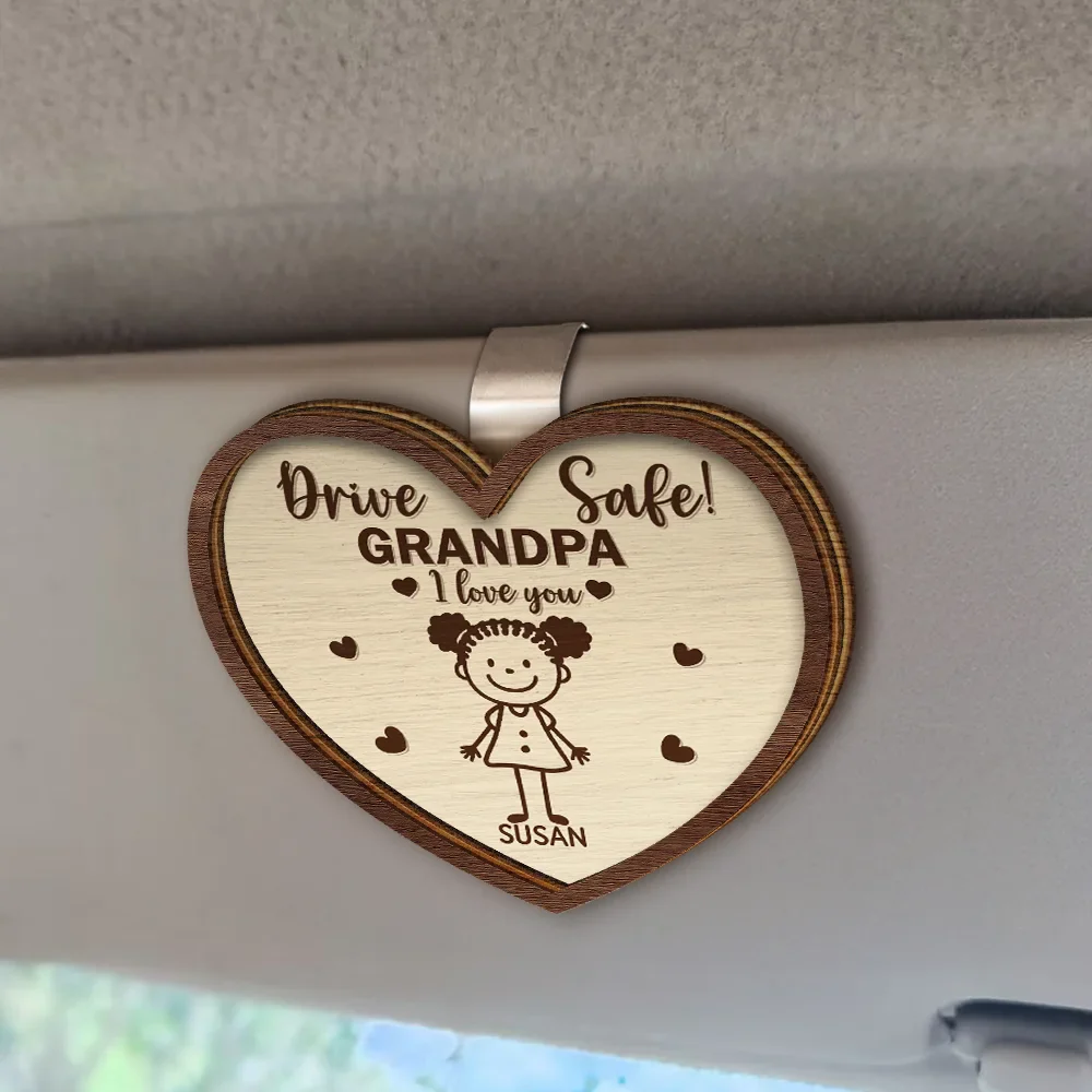 Drive Safe Daddy Kid Stick Figures Heart Shaped - Personalized Custom Shaped Car Visor Clip - Image 2