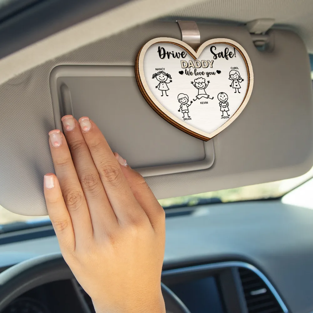 Drive Safe Daddy Kid Stick Figures Heart Shaped - Personalized Custom Shaped Car Visor Clip - Image 4