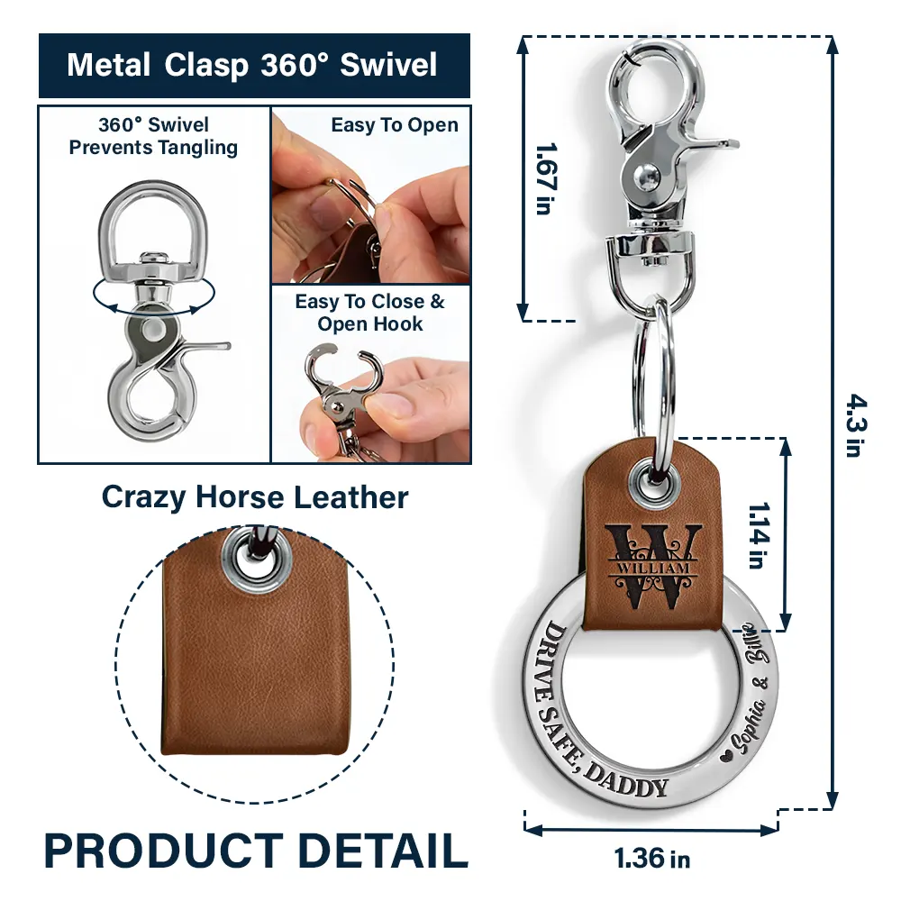 Drive Safe Daddy Monogram Initial - Personalized Leather Coordinates Keychain - Image 6