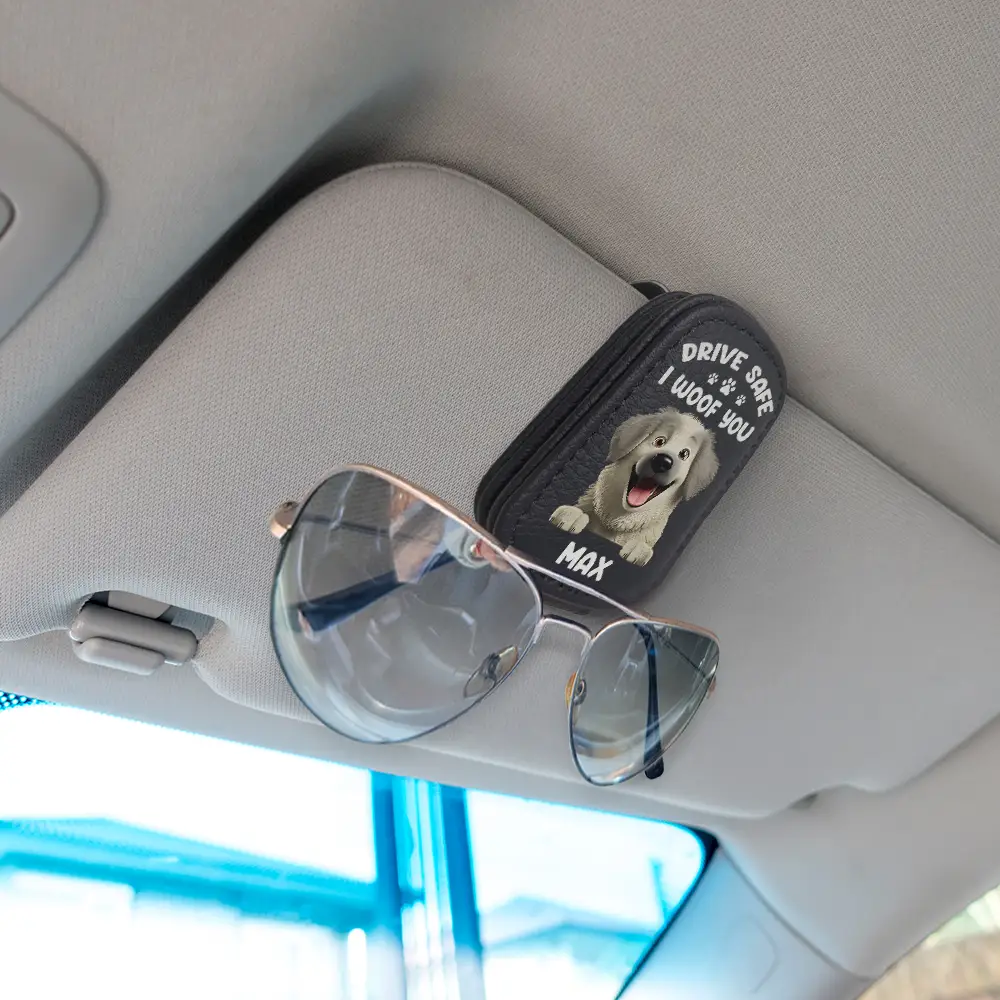 Drive Safe I Woof You Dog Dad 3D Effect Cartoon Pet - Personalized Sunglasses Holder For Car Visor - Image 2