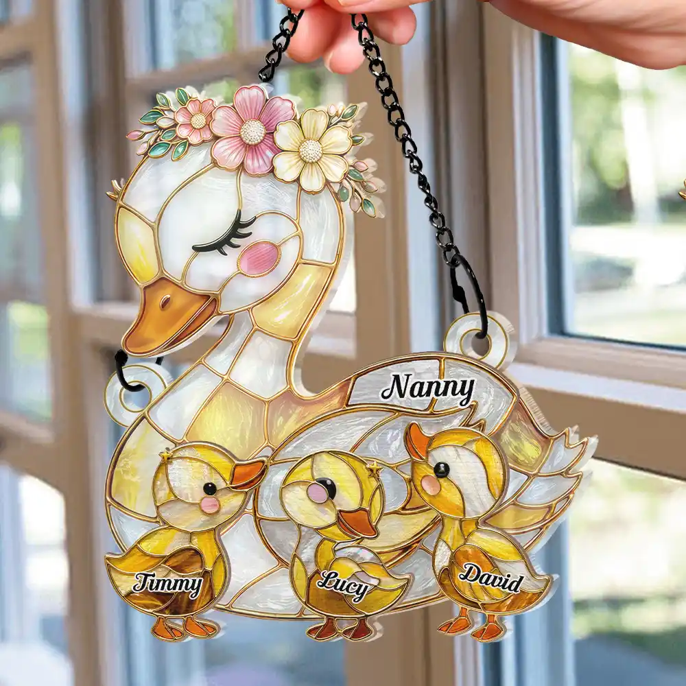 Duck Mother Ducklings Stained Glass Effect Mom Grandma - Personalized Window Hanging Suncatcher Ornament - Image 2