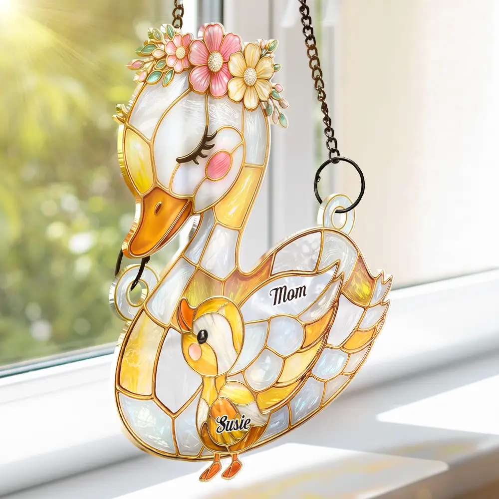 Duck Mother Ducklings Stained Glass Effect Mom Grandma - Personalized Window Hanging Suncatcher Ornament - Image 3