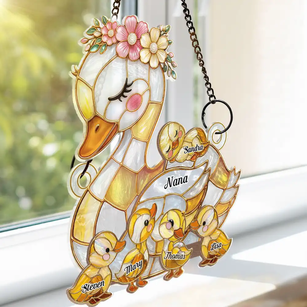 Duck Mother Ducklings Stained Glass Effect Mom Grandma - Personalized Window Hanging Suncatcher Ornament - Image 4