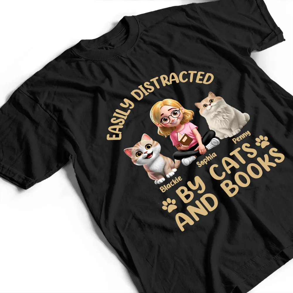 Easily Distracted By Cats & Books - Personalized T Shirt - Image 3