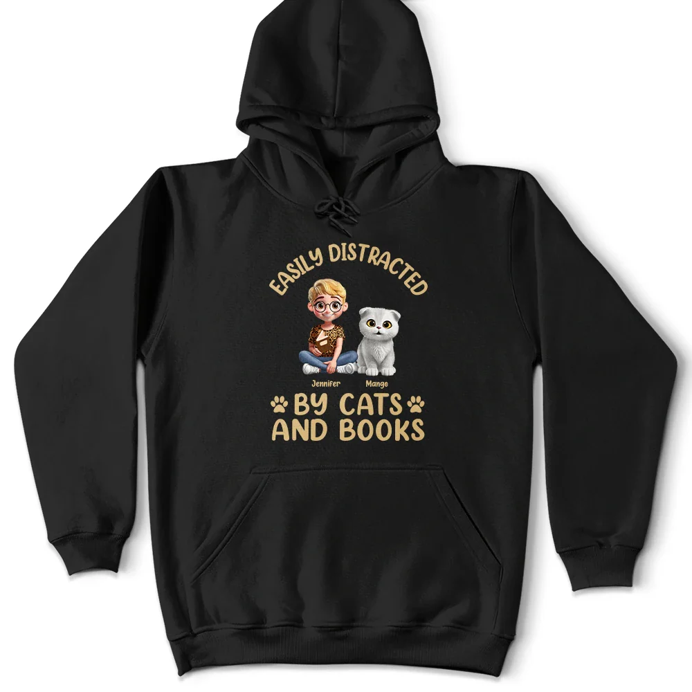 Easily Distracted By Cats & Books - Personalized T Shirt - Image 4