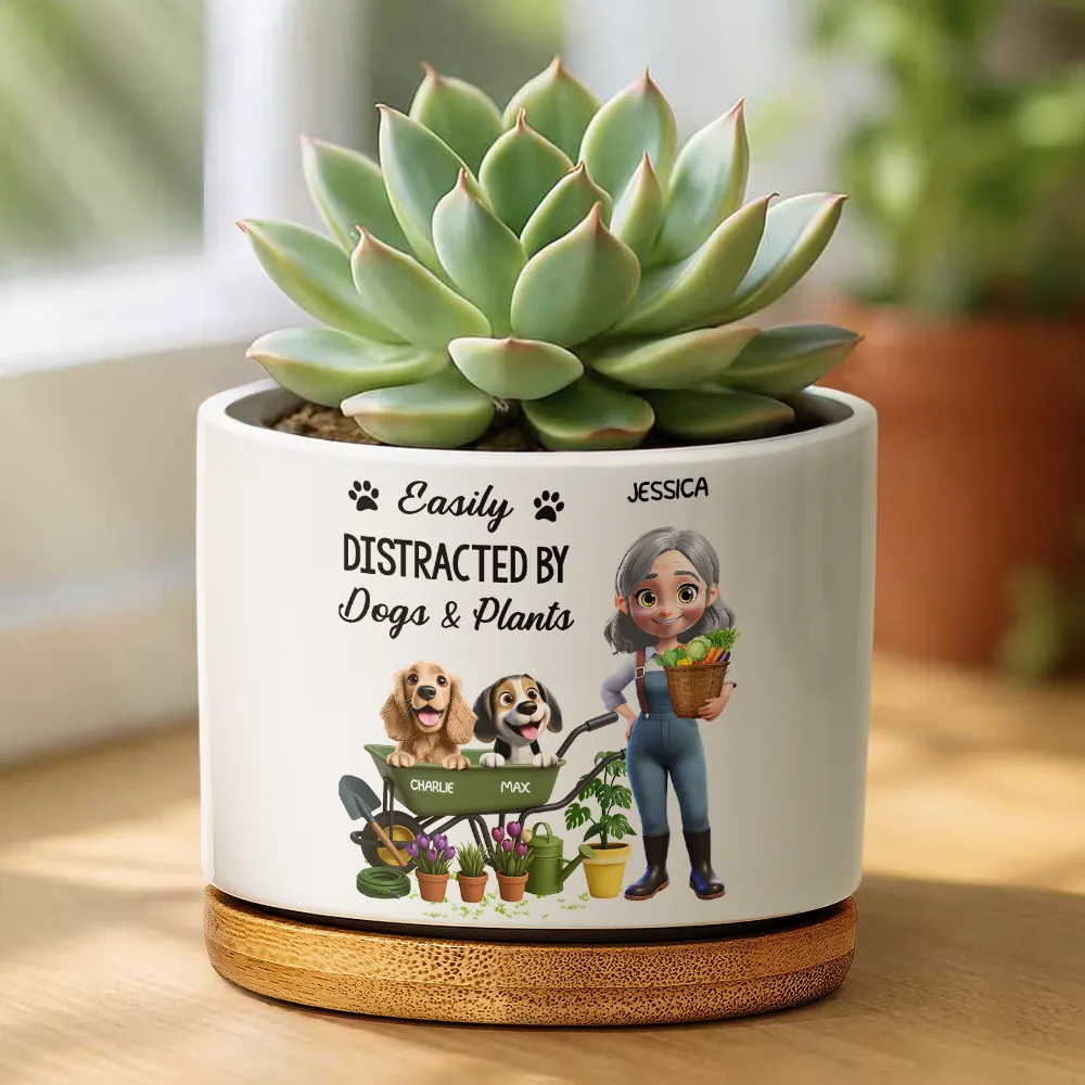 Easily Distracted By Dogs And Plants - Personalized Ceramic Plant Pot - Image 2