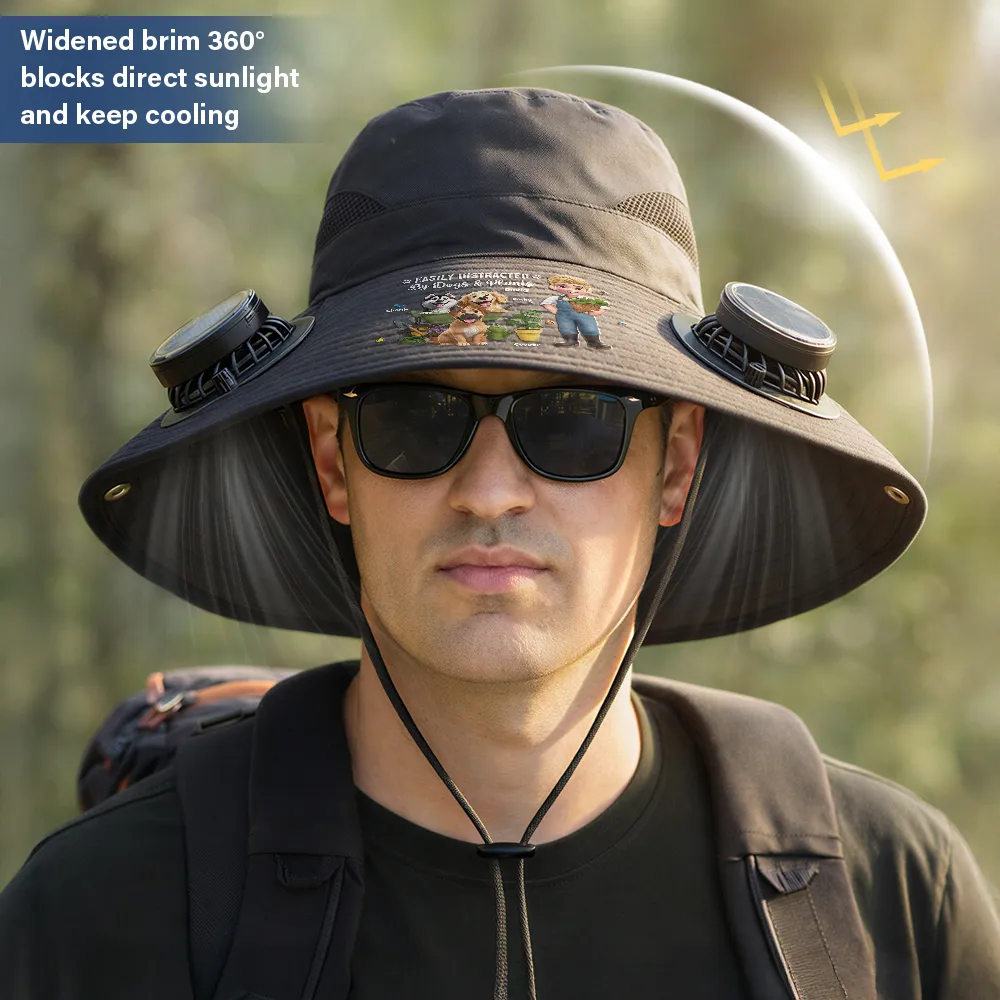 Easily Distracted By Dogs And Plants - Personalized Solar Fan Hat - Image 3