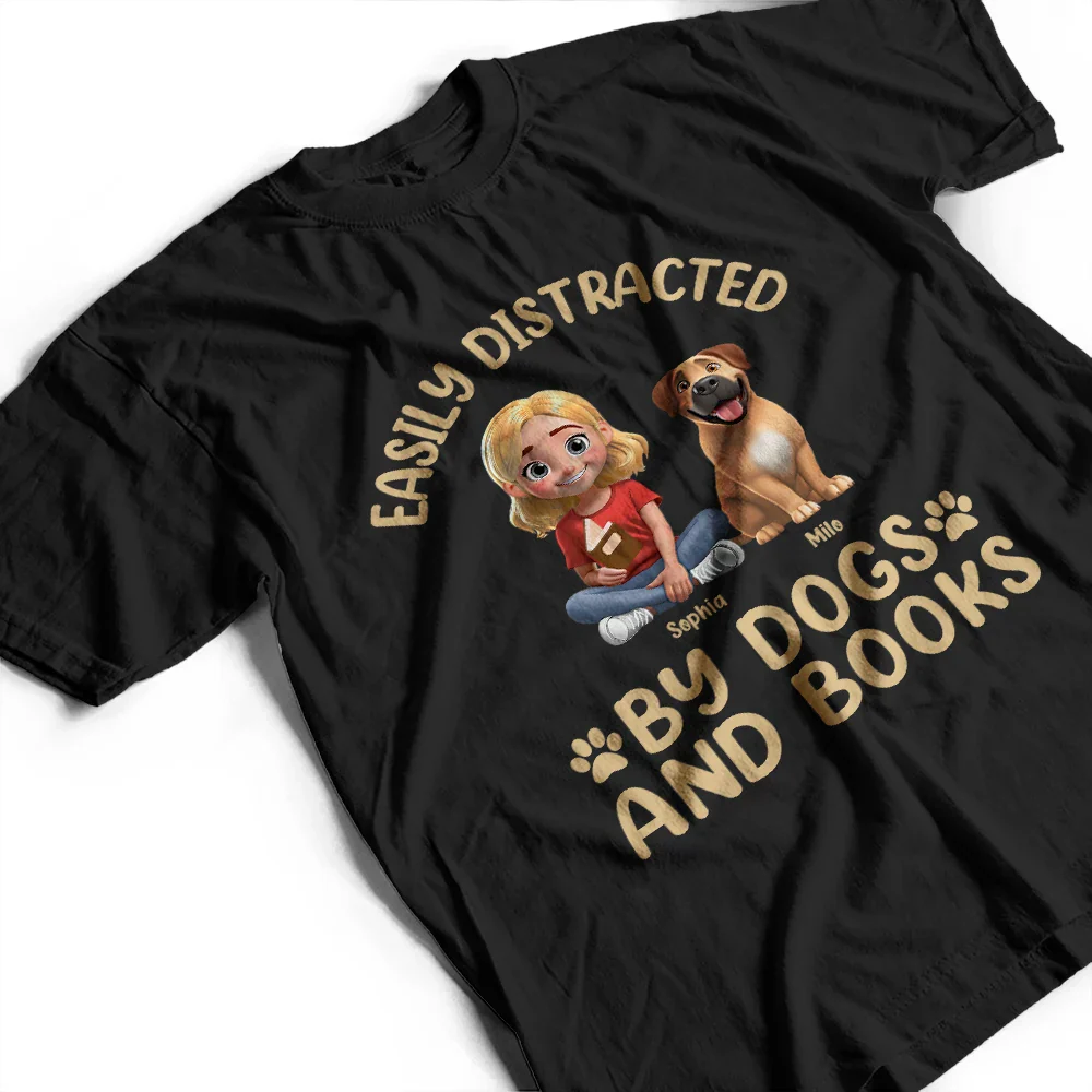 Easily Distracted By Dogs & Books - Personalized T Shirt - Image 3