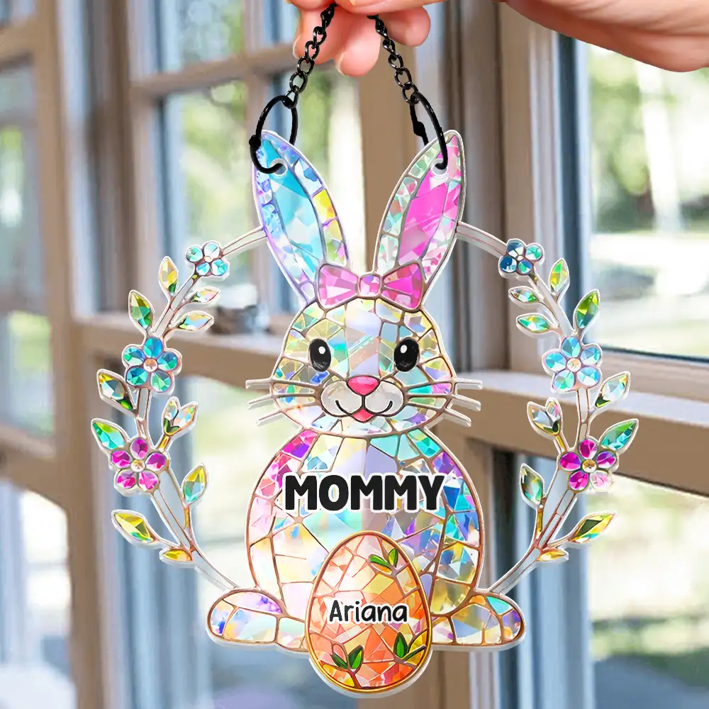 Easter Bunny Egg Grandma Mom Glass Effect - Personalized Window Hanging Suncatcher Ornament - Image 2