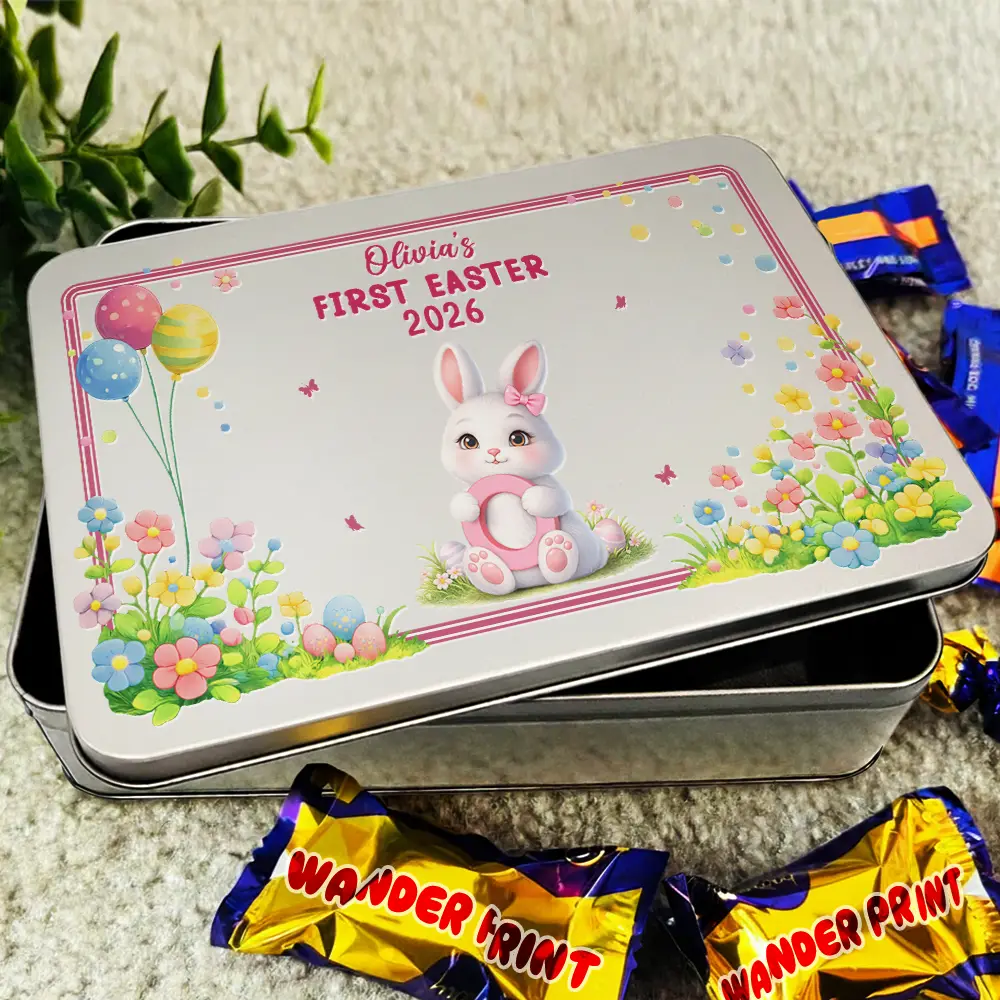 Easter Bunny Holding Alphabet Letter - Personalized Metal Biscuit Tin - Image 3